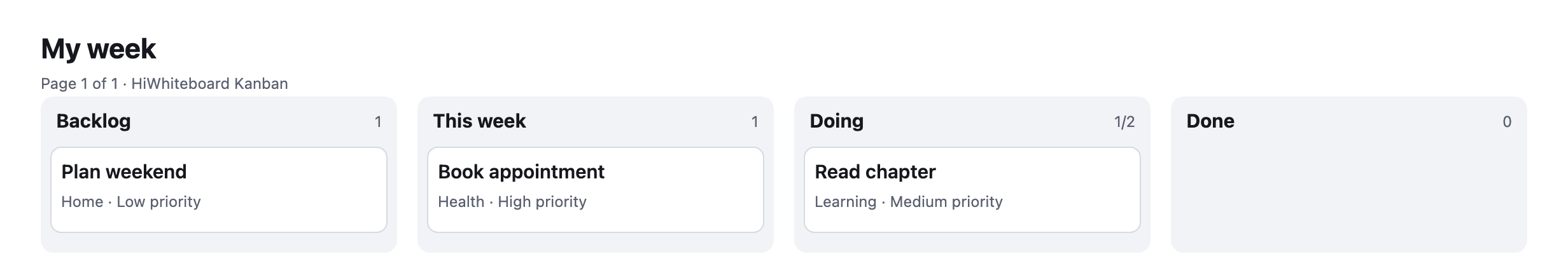 Personal Kanban board with Backlog, This week, Doing (WIP limit 2), and Done columns and cards such as Book appointment and Read chapter.